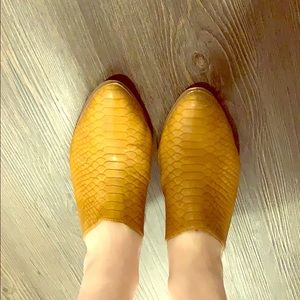 Tan faux crocodile mules